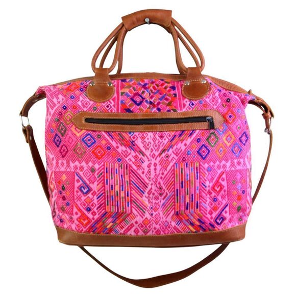 ROOMY HANDCRAFTED MULTICOLOR PINK KILIM BROWN LEATHER TRIM SHOULDER BAG HANDBAG - Picture 4 of 14